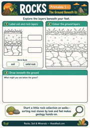 The Ground Beneath Us printable worksheet with soil and rock labelling, colouring and drawing activities