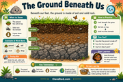 The Ground Beneath Us educational infographic showing soil and solid rock layers