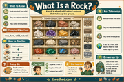 What Is a Rock educational infographic with rock specimens, textures and key facts