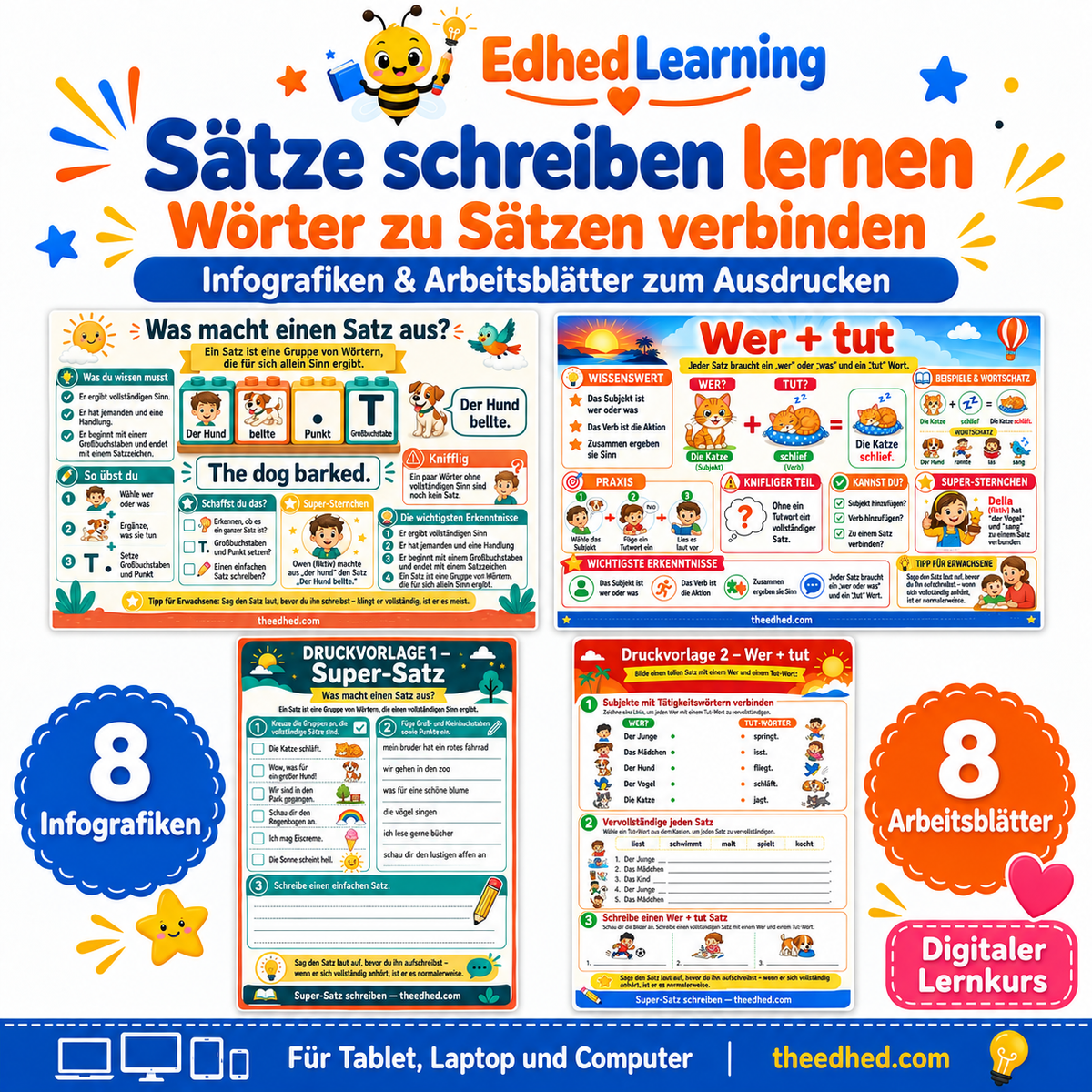 Sätze schreiben lernen – Arbeitsblätter für die Grundschule – Edhed Learning: 8 Infografiken und 8 Arbeitsblätter