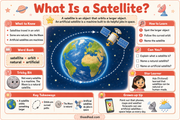 What Is a Satellite educational infographic explaining natural and artificial satellites
