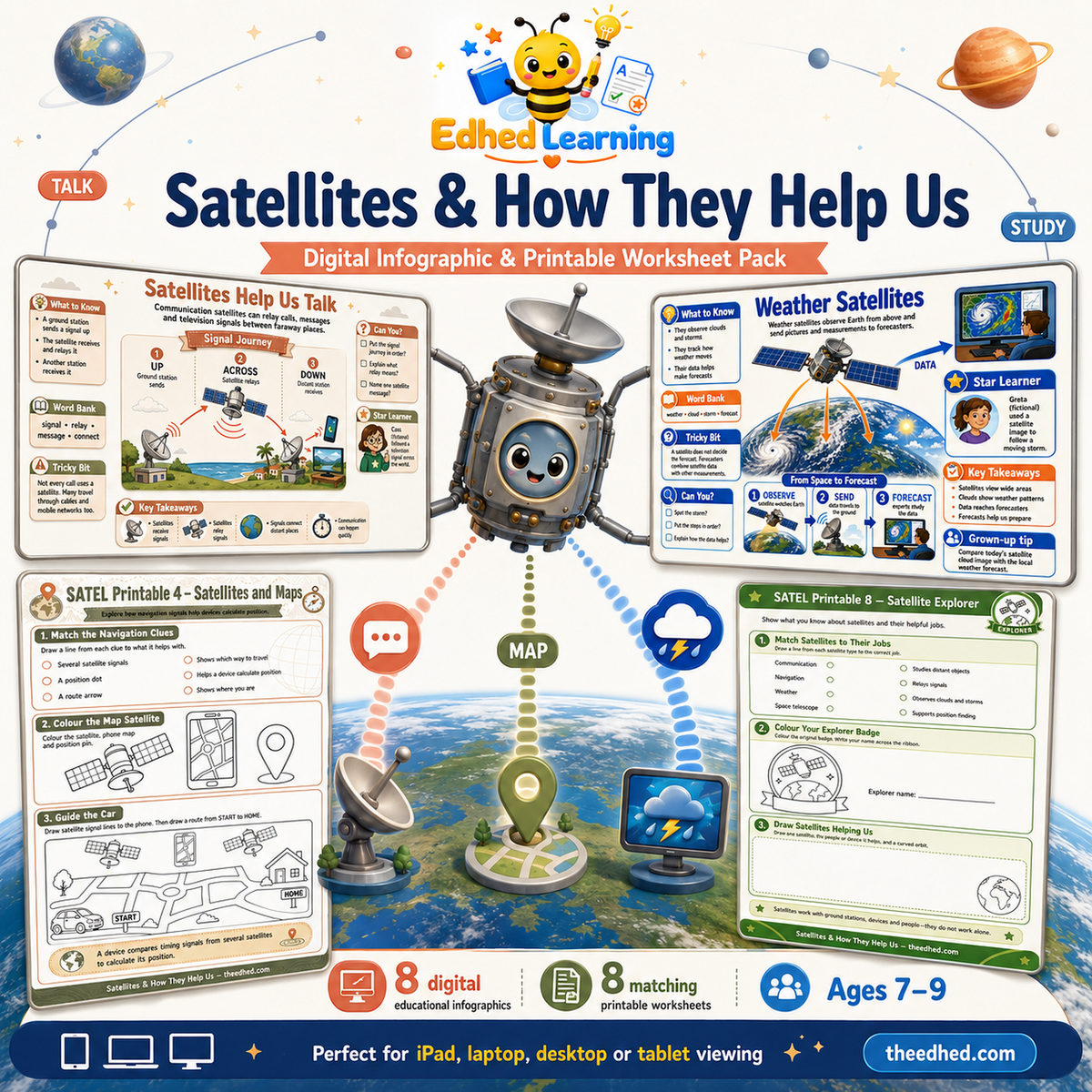 Satellites & How They Help Us digital course and printable worksheet pack for ages 7–9