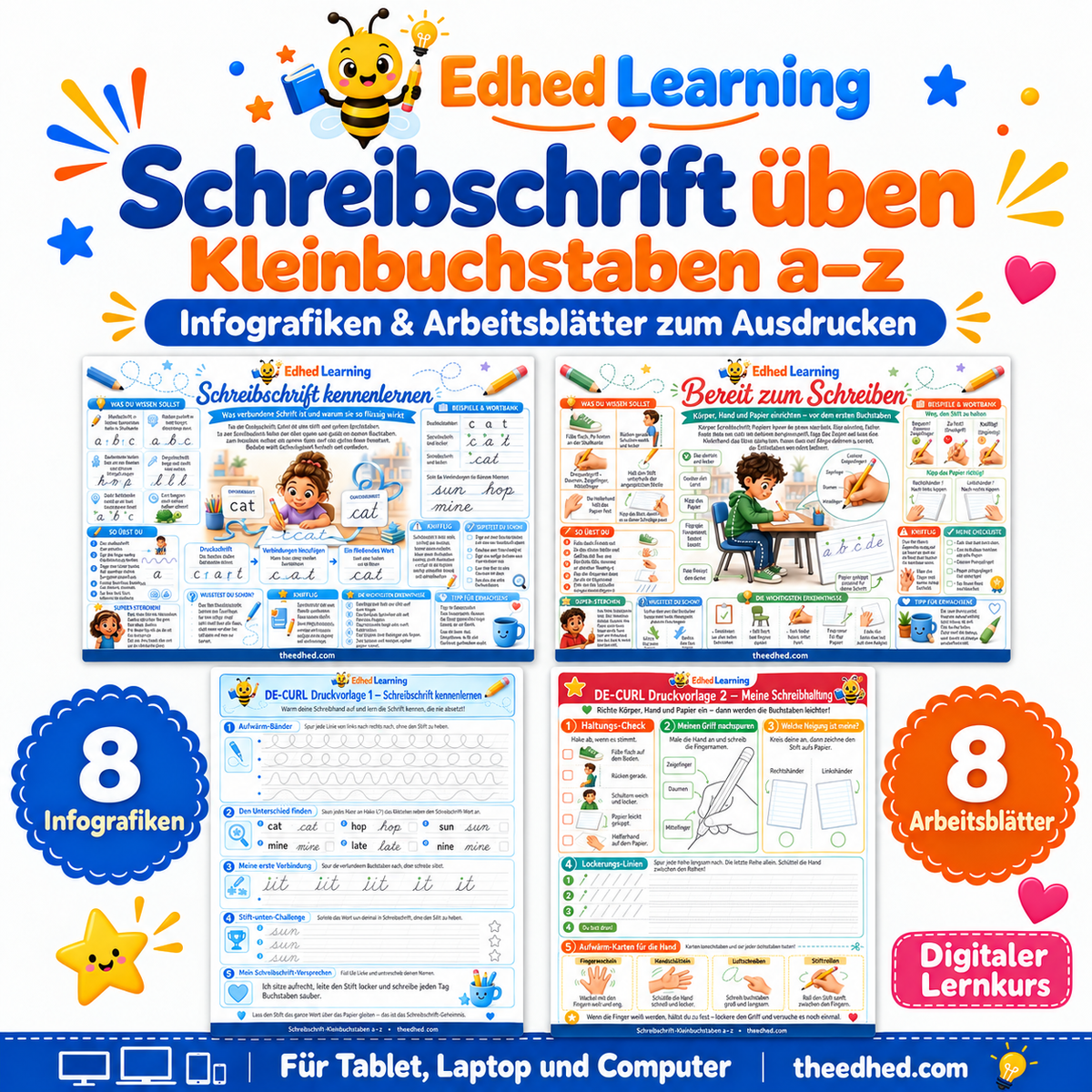 Schreibschrift: Kleinbuchstaben a–z – Edhed Learning mit 8 Infografiken und 8 Arbeitsblättern