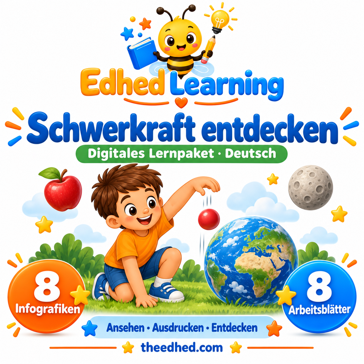 Edhed Learning Lernpaket Schwerkraft entdecken mit 8 Infografiken und 8 Arbeitsblättern