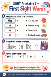 First Sight Words matching printable worksheet for children ages 5 to 7