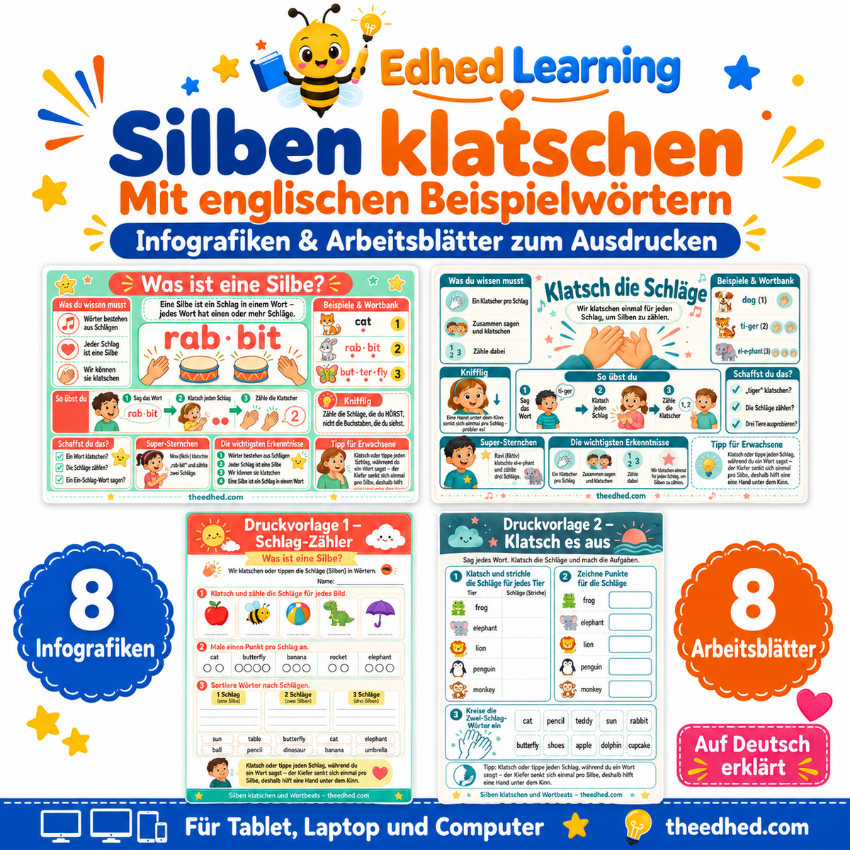 Silben klatschen – Arbeitsblätter mit englischen Wörtern – Edhed Learning: 8 Infografiken und 8 Arbeitsblätter
