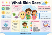 What Skin Does educational infographic about protection, touch and temperature