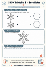 Snowflakes matching colouring and drawing printable worksheet for ages 5–7