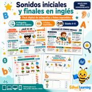 Curso de sonidos iniciales y finales en inglés con ocho infografías y ocho fichas para niños de 4 a 6 años.