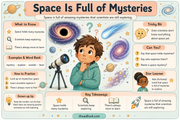 Space Is Full of Mysteries educational infographic for children ages 8-10