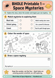 Space Mysteries matching colouring and drawing worksheet for ages 8-10