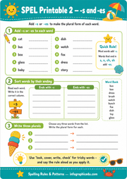 Adding s and es printable worksheet for kids - Spelling Rules and Patterns course