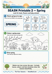 Spring printable worksheet with matching, colouring and drawing activities