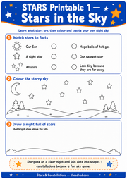 Stars in the Sky printable worksheet with matching colouring and drawing activities