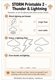 Thunder and Lightning printable matching colouring and drawing worksheet