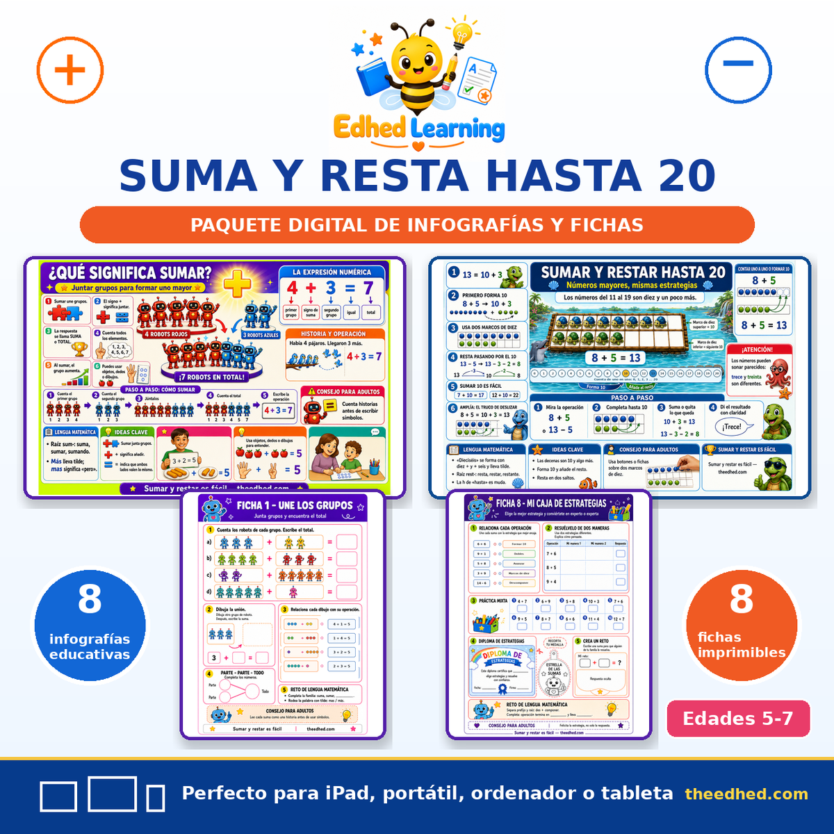 Curso de suma y resta hasta 20 en español con 8 infografías y 8 fichas imprimibles