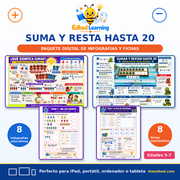 Curso de suma y resta hasta 20 en español con 8 infografías y 8 fichas imprimibles