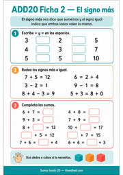 Ficha imprimible en español sobre el signo más y sumas hasta 20