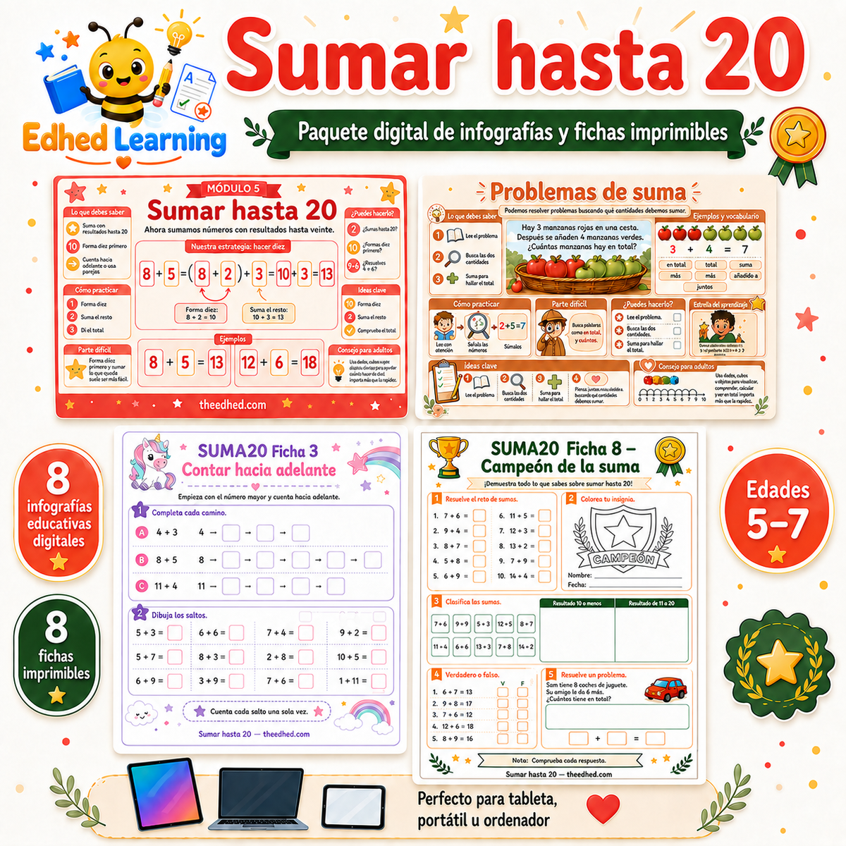 Curso en español para sumar hasta 20 con 8 infografías y 8 fichas imprimibles