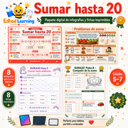 Curso en español para sumar hasta 20 con 8 infografías y 8 fichas imprimibles