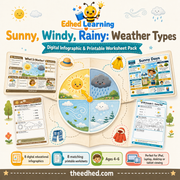 Sunny Windy Rainy Weather Types kids digital course with 8 infographics and 8 printable worksheets for ages 4 to 6