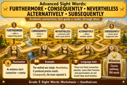 Grade 5 academic connectives infographic covering furthermore, consequently, nevertheless, alternatively and subsequently