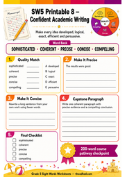 Printable Grade 5 academic writing worksheet covering sophisticated, coherent, precise, concise and compelling