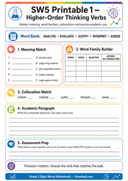 Printable Grade 5 higher-order thinking verbs worksheet with word-family, collocation and academic writing practice