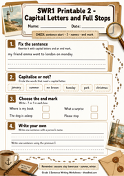 Printable capital letters and full stops worksheet for Grade 1 and UK Year 2