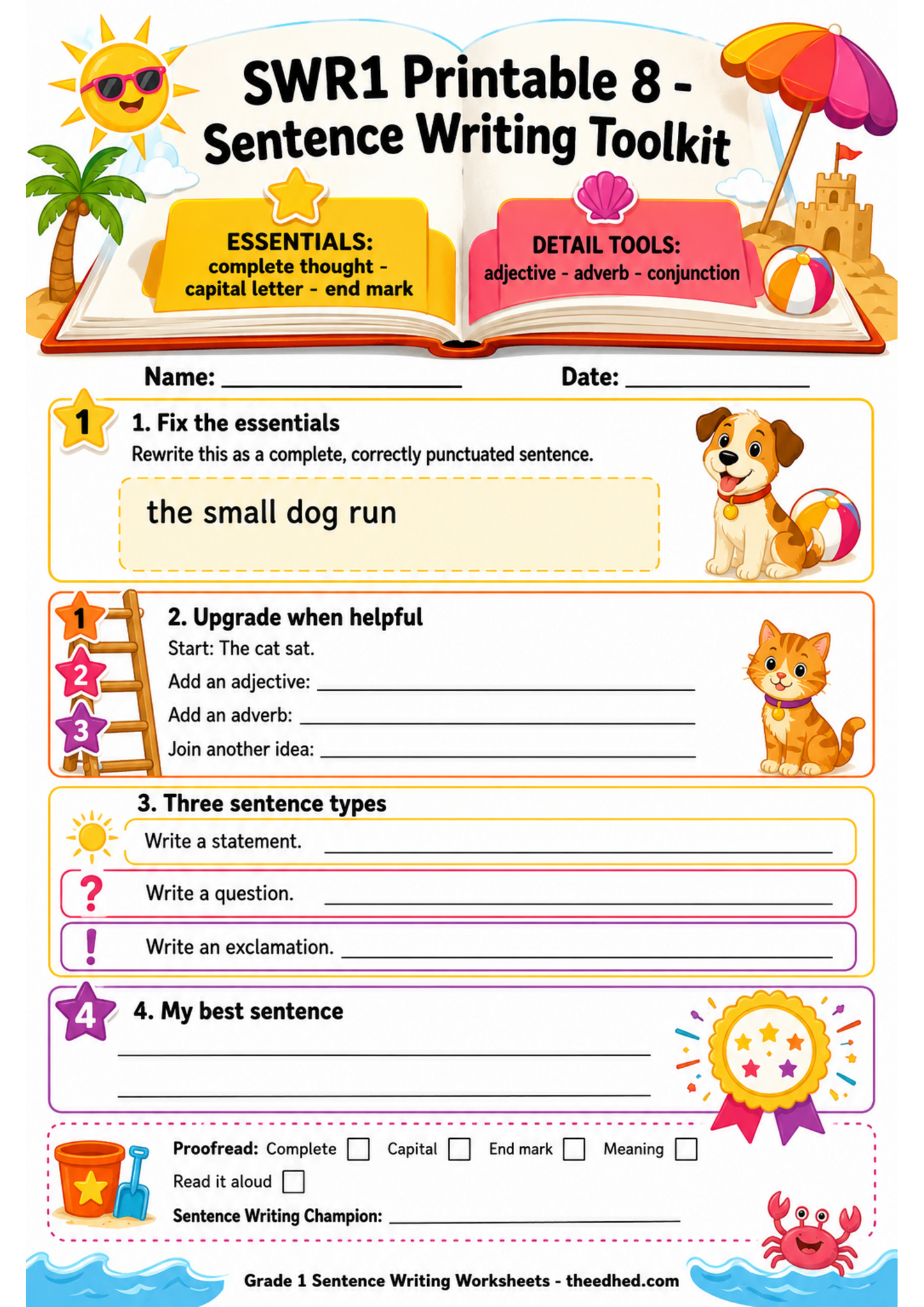 Grade 1 sentence writing toolkit printable worksheet