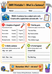 Printable what is a sentence worksheet with complete sentence and fragment activities