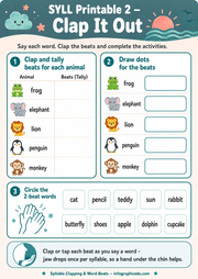 Clap It Out syllable printable worksheet for children ages 5 to 7