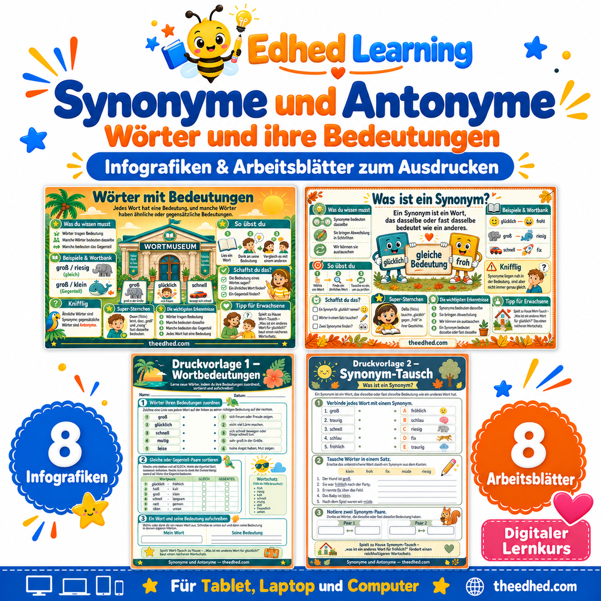 Synonyme und Antonyme – Wortschatz-Arbeitsblätter für Kinder – Edhed Learning: 8 Infografiken und 8 Arbeitsblätter