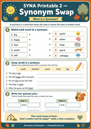 Synonym Swap printable worksheet for kids - Synonyms and Antonyms course