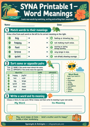 Word Meanings printable worksheet for kids - Synonyms and Antonyms course
