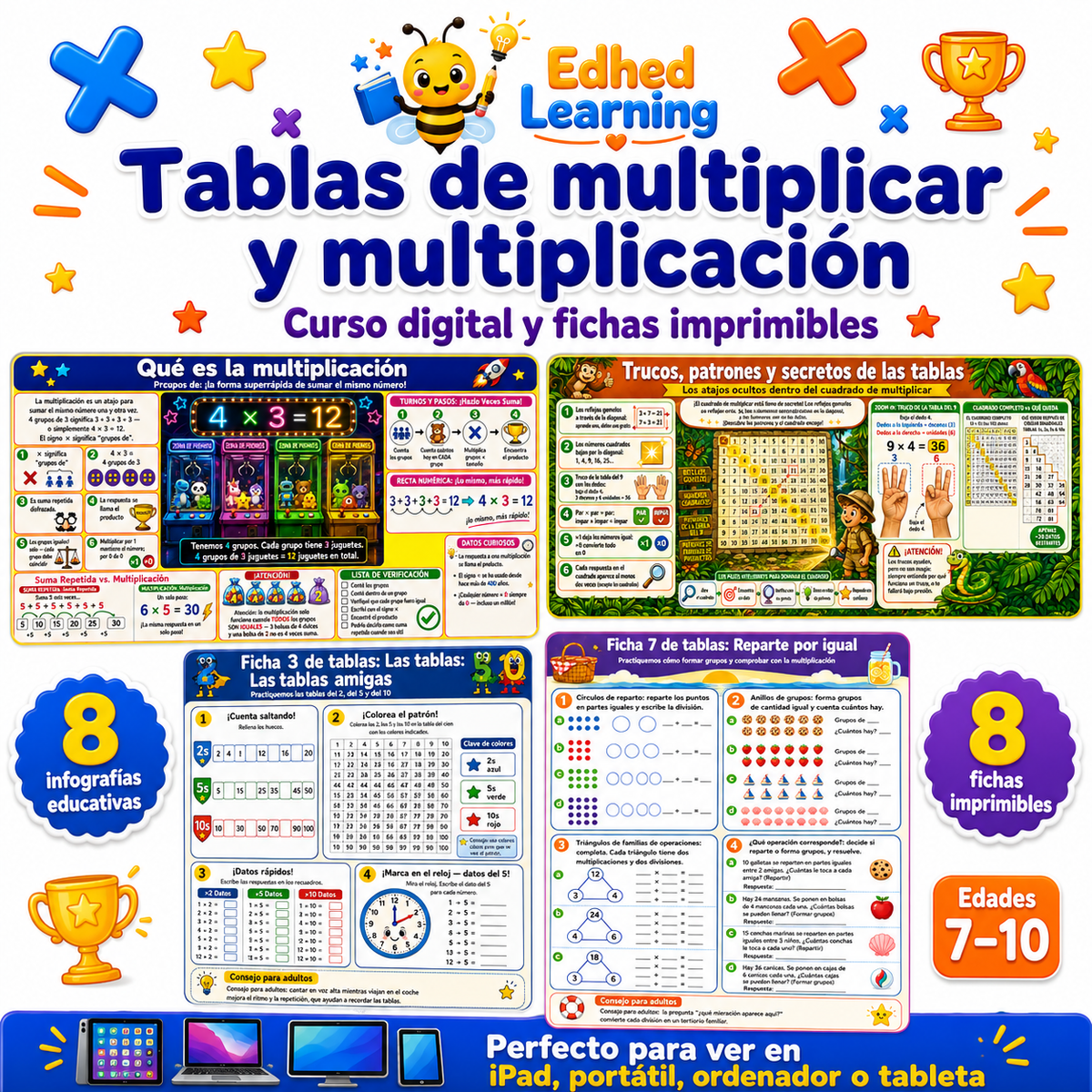 Curso de tablas de multiplicar en español con 8 infografías y 8 fichas imprimibles para edades 7 a 10