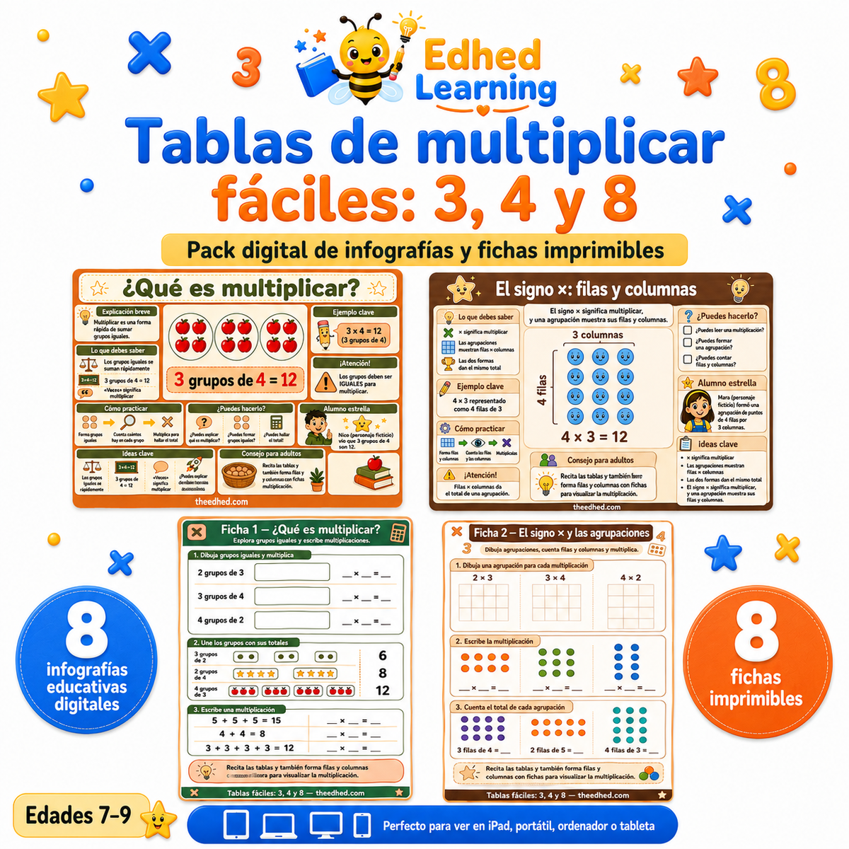 Tablas de multiplicar fáciles del 3, 4 y 8 con ocho infografías y ocho fichas para edades de 7 a 9 años.