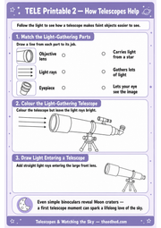 How Telescopes Help light-gathering matching and drawing printable worksheet