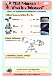 What Is a Telescope matching colouring and drawing worksheet for ages 7 to 9