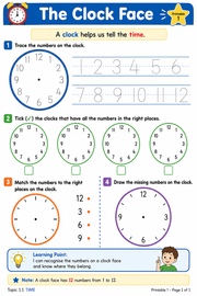Telling the Time printable worksheet for children to practise the clock face