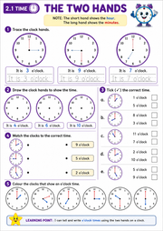 Telling the Time printable worksheet for children to practise hour and minute hands