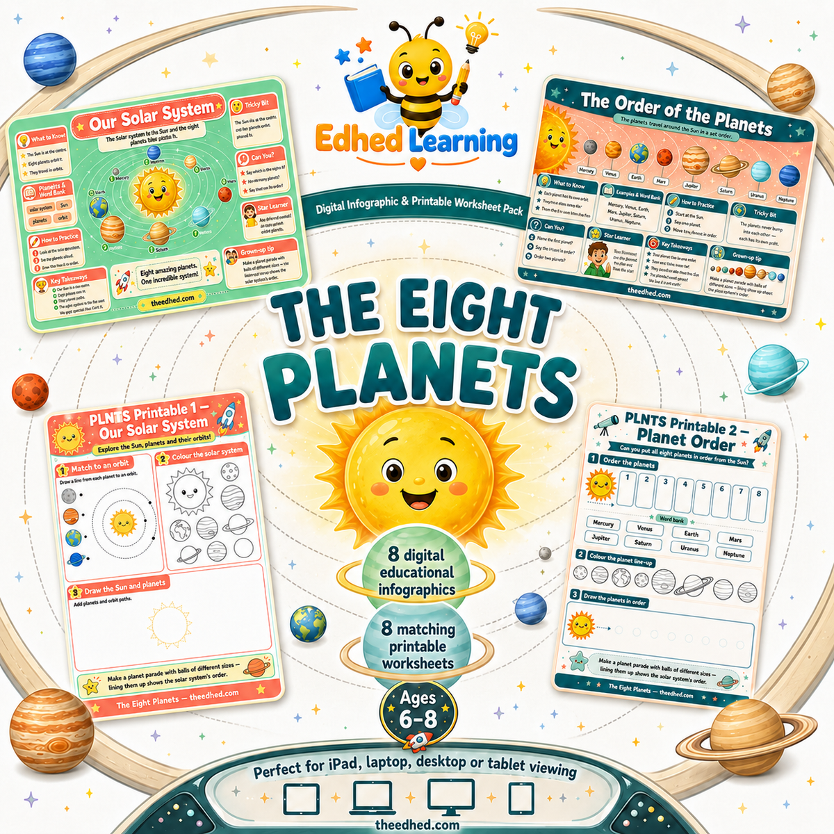 The Eight Planets kids digital course with 8 infographics and 8 printable worksheets for ages 6 to 8