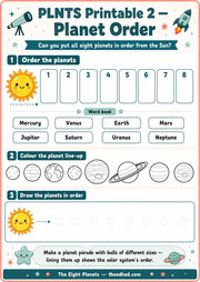 Planet Order printable worksheet with all eight planets and colouring activity