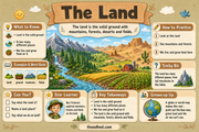 The Land educational infographic with mountains, forests, deserts and fields
