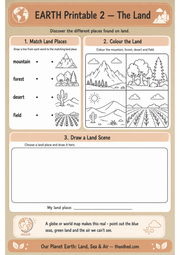 The Land printable worksheet with land-place matching, colouring and drawing activities