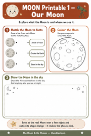 Our Moon printable matching colouring and drawing worksheet