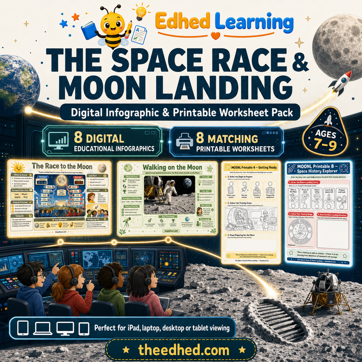 The Space Race and Moon Landing digital infographic and printable worksheet pack for ages 7 to 9