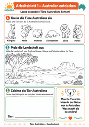 Deutsches Arbeitsblatt 1: Tiere Australiens erkennen, Landschaft ausmalen und ein Tier zeichnen
