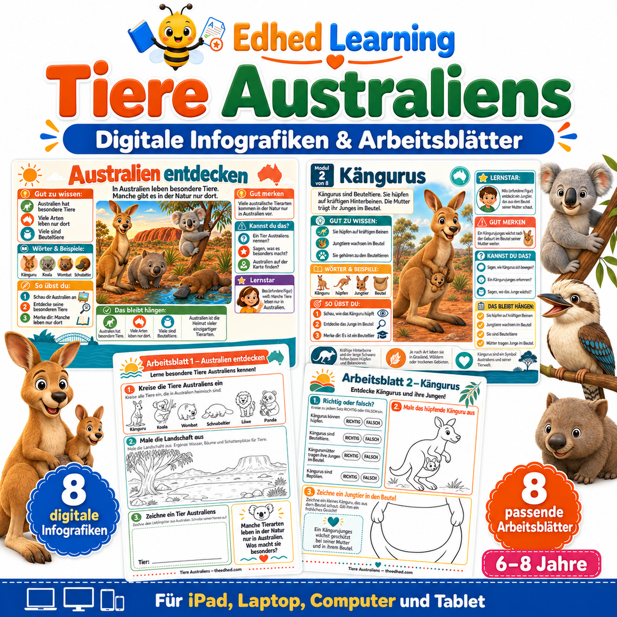 Tiere Australiens auf Deutsch: 8 Infografiken und 8 Arbeitsblätter für Kinder von 6 bis 8 Jahren