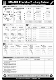 Printable Grade 4 long division worksheet with remainders checks error correction and word problems